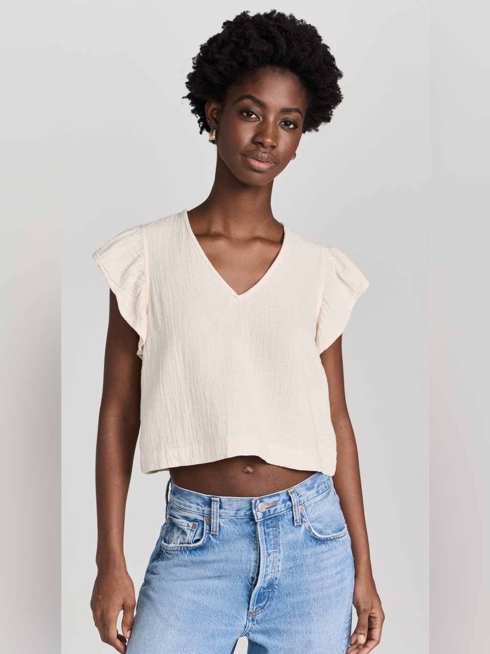 RAILS Miley Light Cream V-Neck Short Flutter Sleeve Top Gauze Shirt